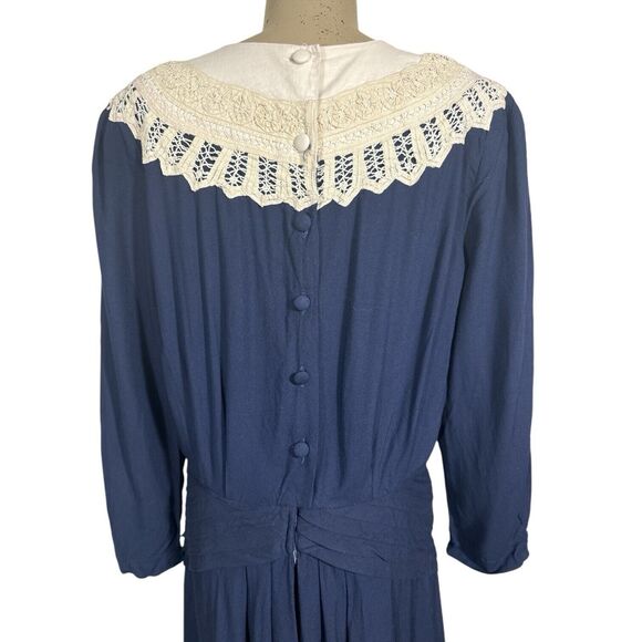 Vintage 80s Kathy Lee Victorian Style Modest Maxi Dress Sz 12 Prairie Navy Blue - Picture 5 of 6